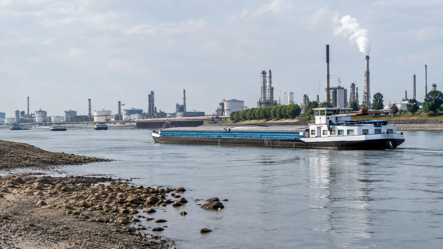 Ein Frachtschiff liegt auf einem Fluss vor einer Industrieanlage; am Ufer ist eine breite Kiesfläche sichtbar.